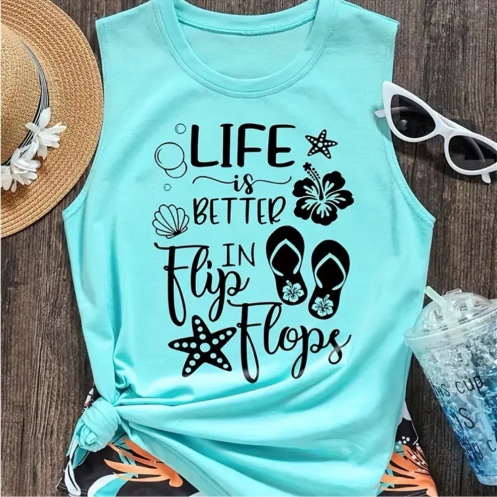 Cyan Graphic Summer Tank Top Large New